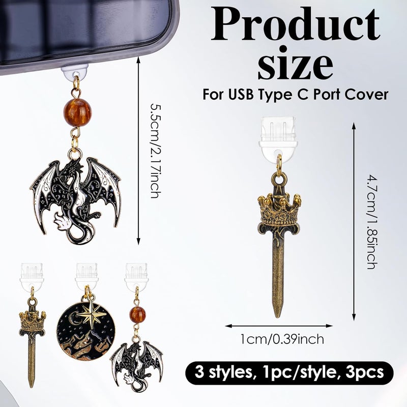 TAKEALOOKO Store Dust Plug Charms for Kindle - 3 Pack Wyvern Dragon Star and Moon Dust Plug Compatible with Kindle, Mystical Aesthetic Pendants, Charging Port Cover for Phone Type C/USB C - Image 3
